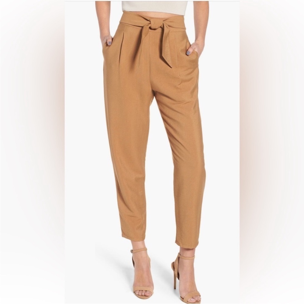 Leith Camel Paperbag High Waist Pants Small Tie Belt Tapered Workwear Chic